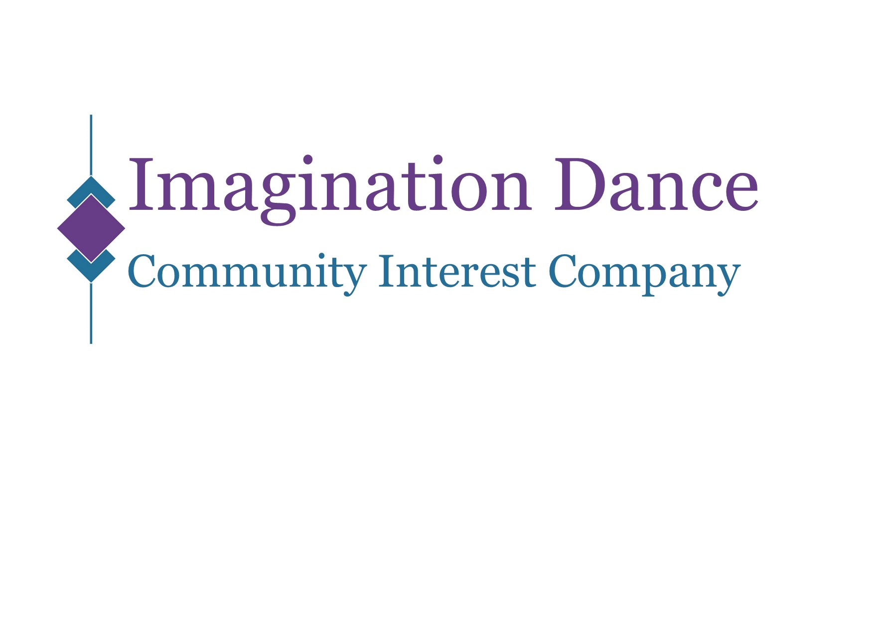 Imagination Dance Community Interest Company writing in blue and purple with a purple and blue diamond design to the left
