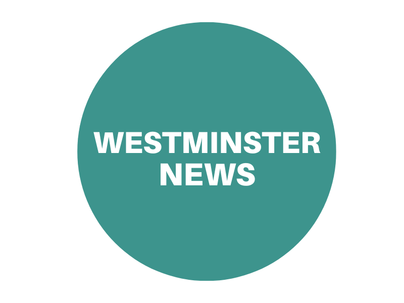 Green circle reading 'Westminster news'