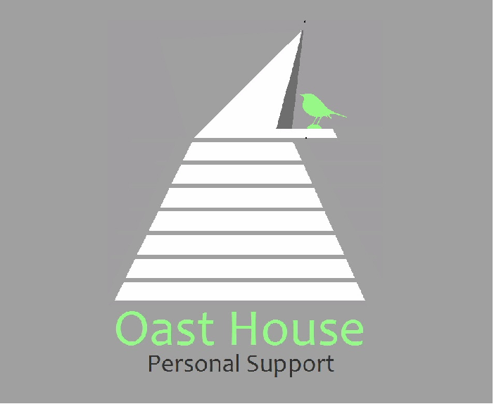 Oast House Personal Support logo: A stylised graphic representing the business name in bold green lettering, accompanied by a small icon of a Kent Oast House roof top and Cowl with green bird graphic.