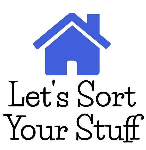Shows the company logo of a blue house and underneath the words Let's Sort Your Stuff Decluttering and Organising Service. 