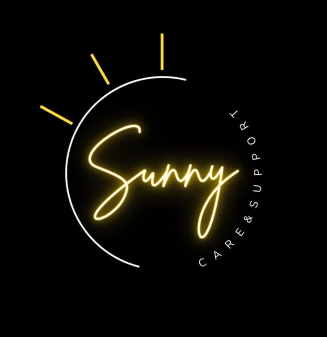 Sunnycare as I provide care and I have a sunny disposition.  Black background and yellow sunshine with care and support incorporated into the sunshine 