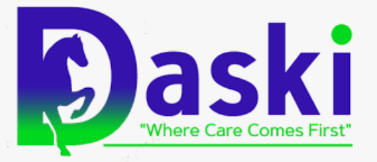 The Daski Care logo features a bold blue-green gradient, a horse silhouette in the "D", and the tagline "Where Care Comes First", symbolising trust, strength, and compassion.