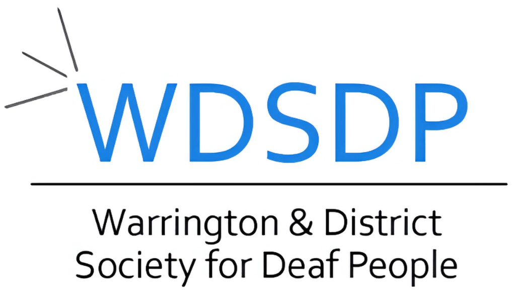 Company logo: A blue lettering WDSDP followed by small back lettering 'Warrington & District Society for Deaf People.