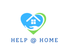 Company Logo: Help at Home in bold lettering accompanied by a blue heart with a home in it with an arm wrapped round. 