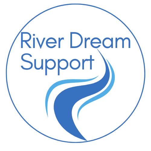 Company logo: The words 'River Dream Support' in blue with a 2 tone blue swirl to depict a river