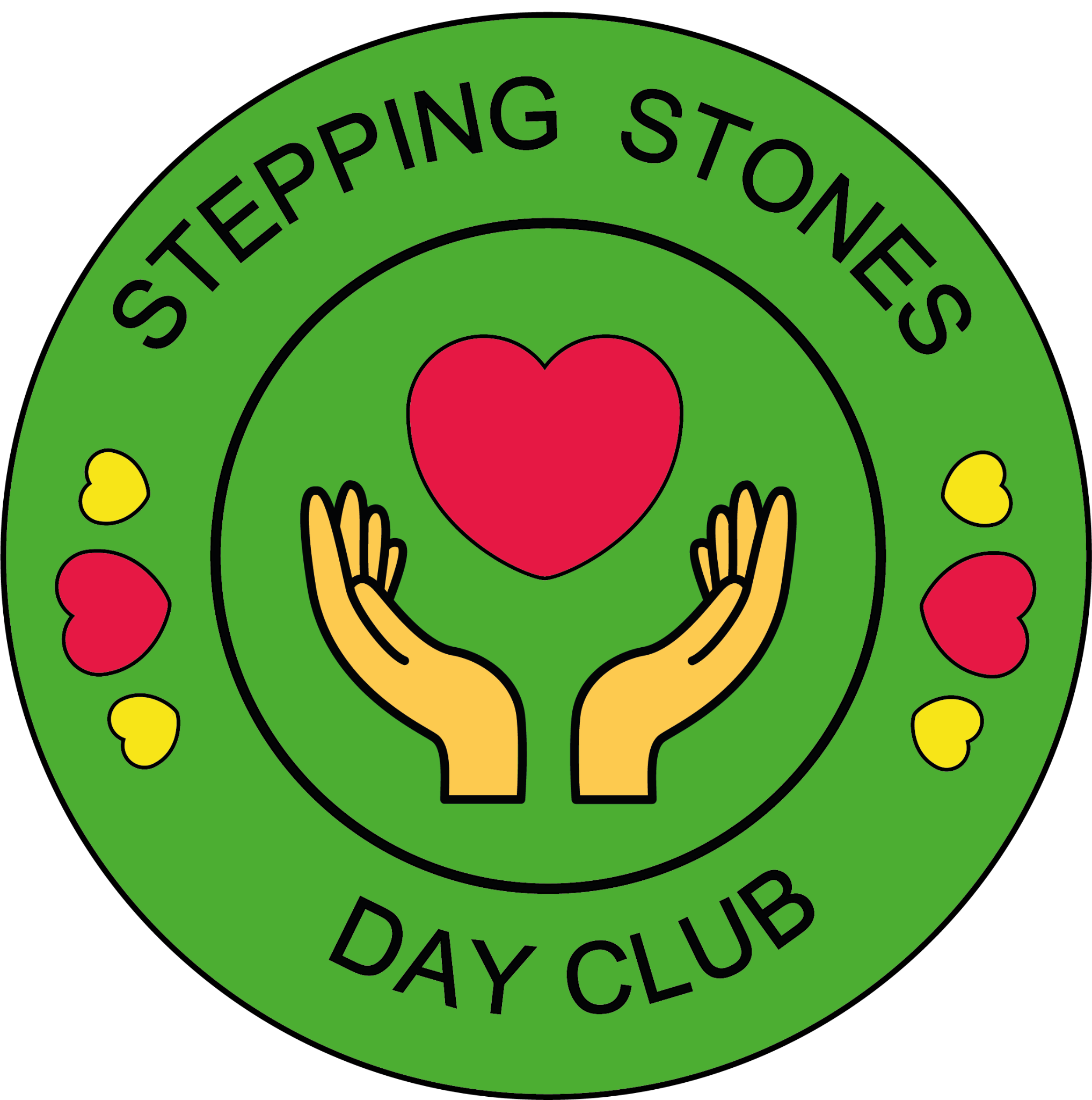 Company logo: our name 'Stepping Stones Day Club', with hands holding a heart