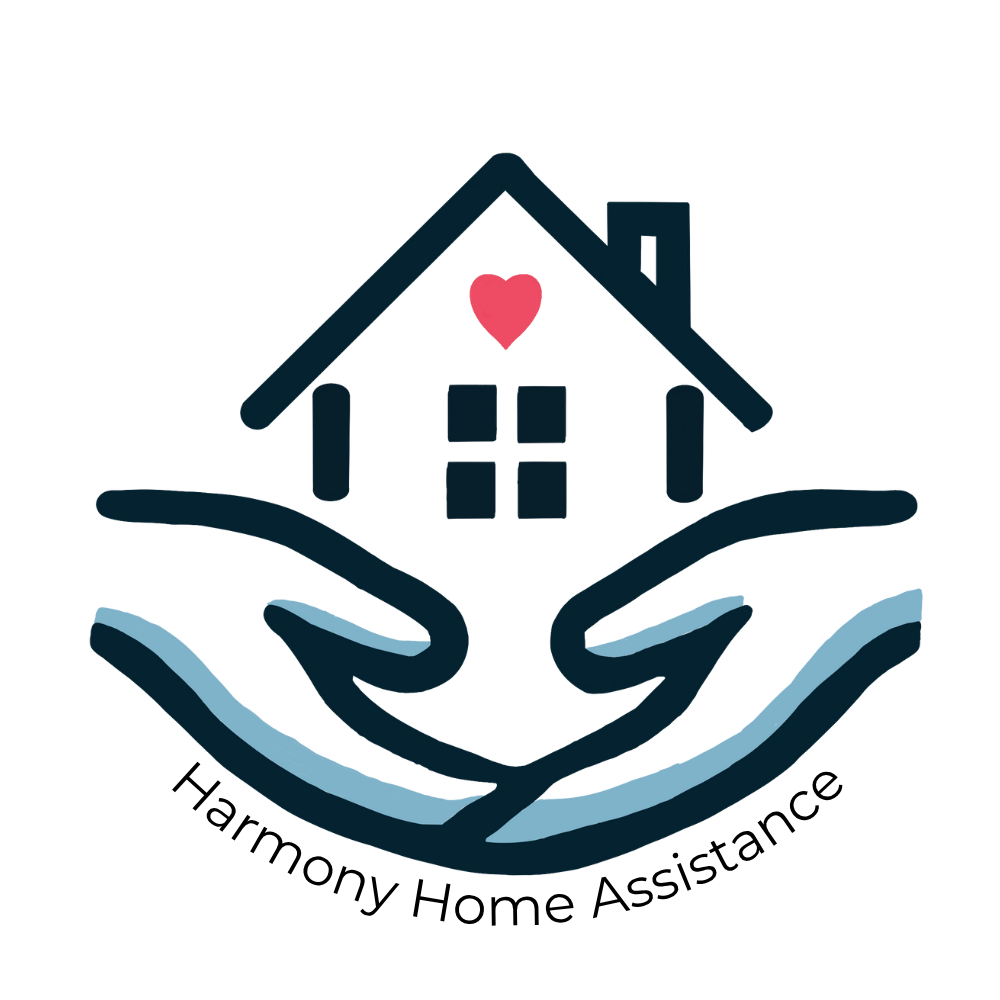 Logo for Harmony at Home: a simple house with a heart above the window, cradled by two open hands, symbolising care, comfort, and support in the home