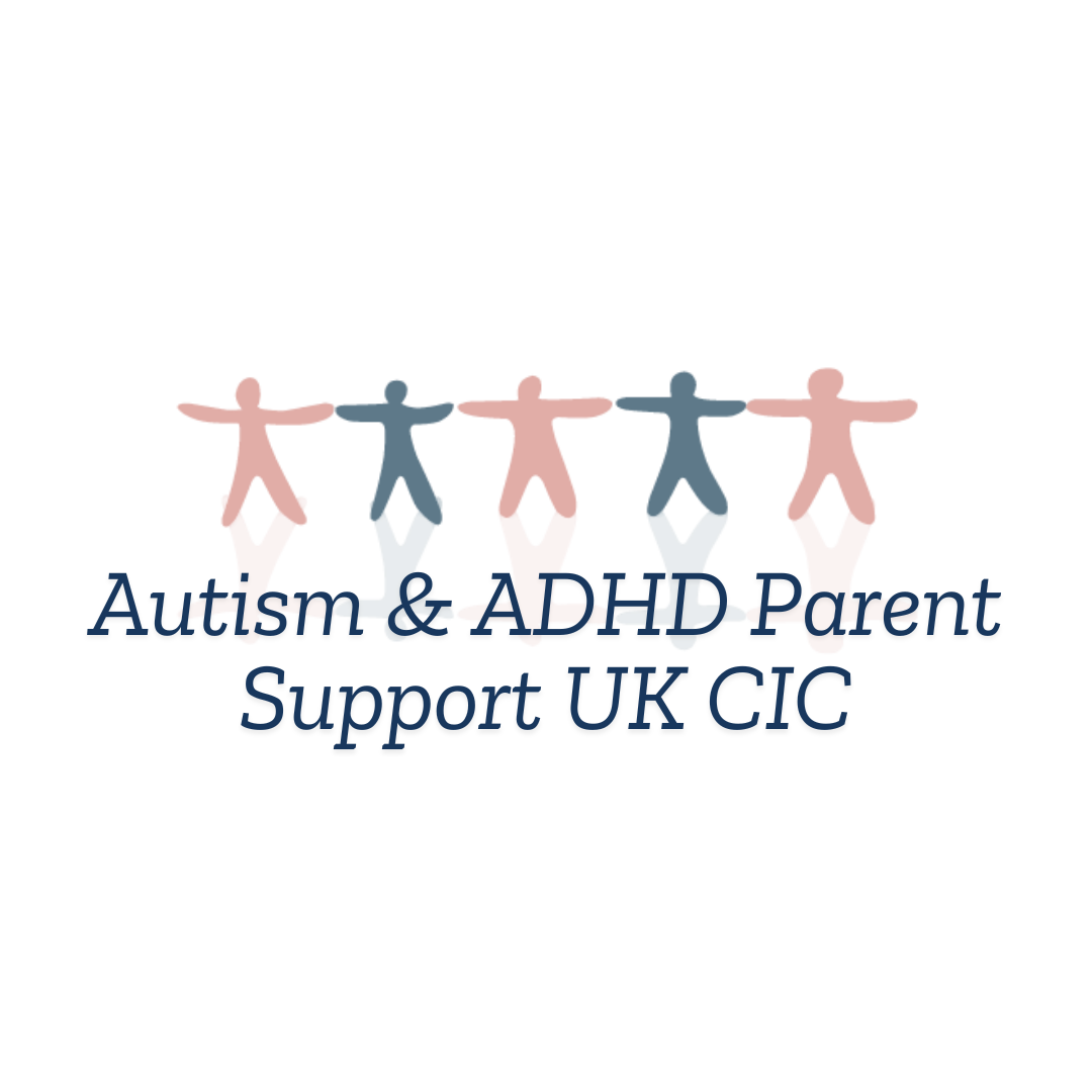 Autism and ADHD Parent Support UK CIC logo with pink and blue figures holding hands