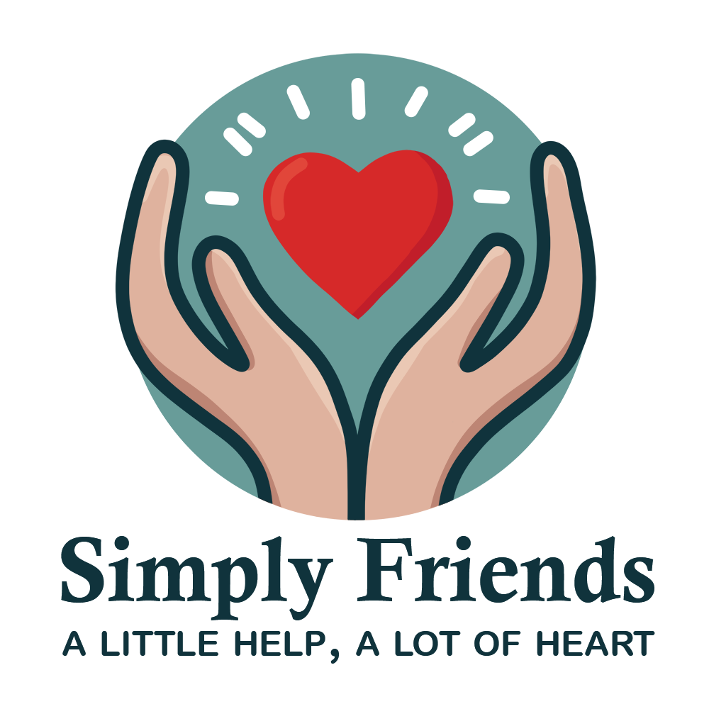 Simply Friends logo: two hands holding a red heart with the tagline ‘A little help, a lot of heart’.