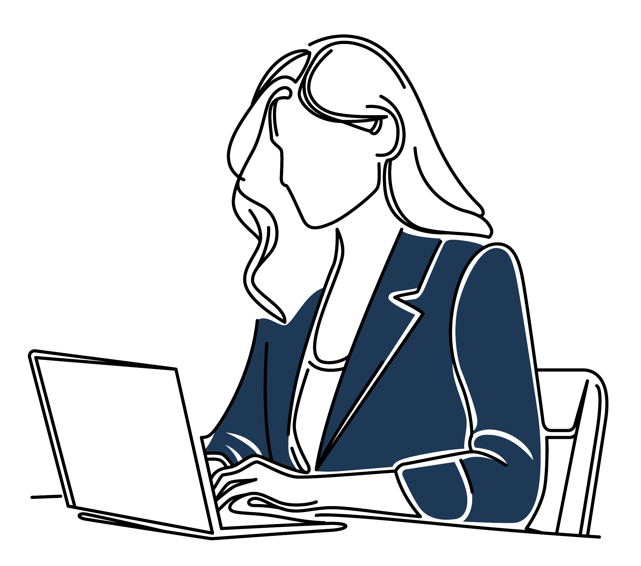 Logo is of a woman with her hair down sat at a table typing on her laptop