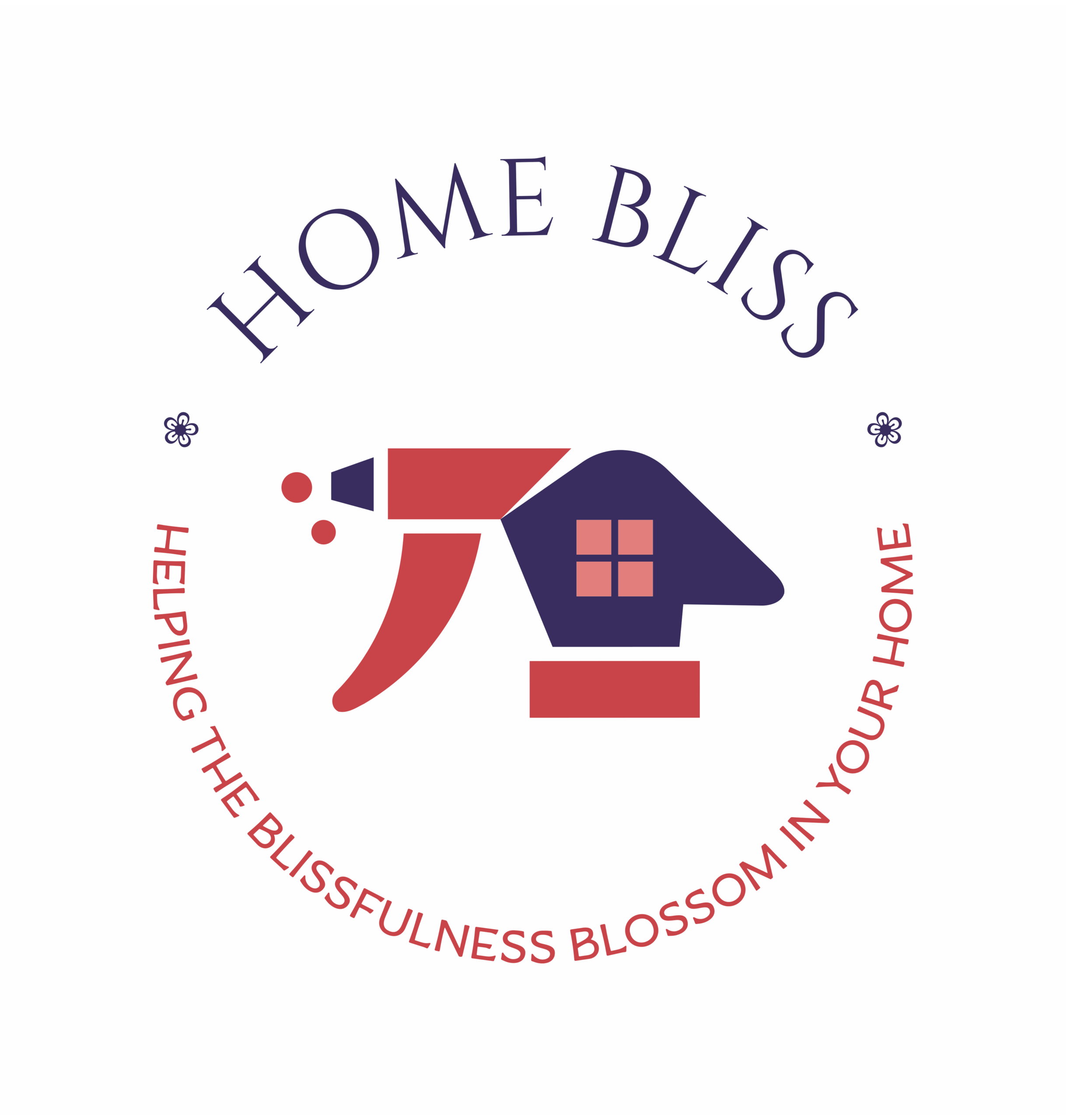 Home Bliss logo: A red and blue cleaner spray with a home's window in the middle. With the phrasing: Helping the blissfulness blossom in your home, underneath the logo.