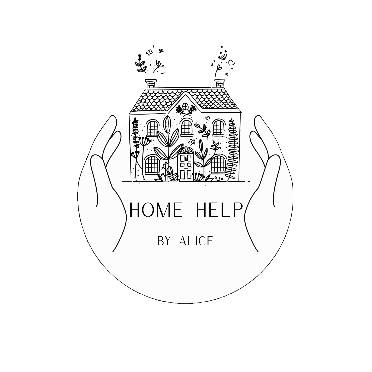 Company logo: hands wrapped around a pretty cottage displaying the company name within