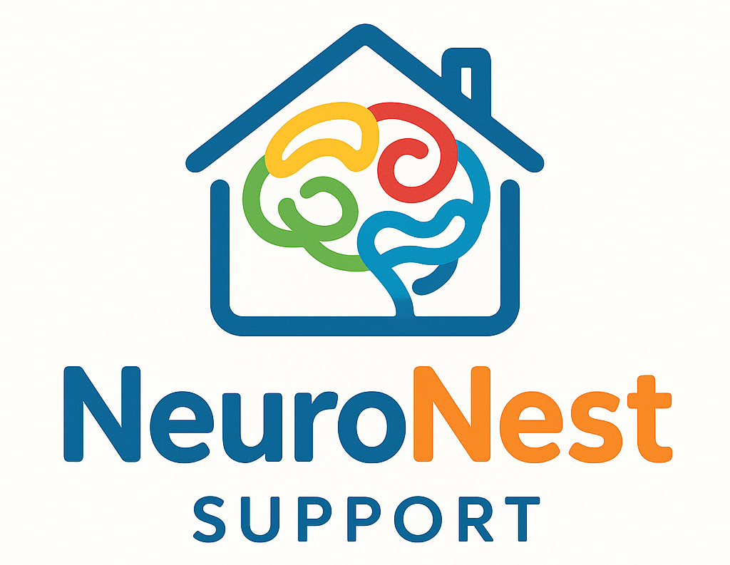 Business logo: colourful bold lettering of NeuroNest Support with a picture of a house and colourful brain within the house