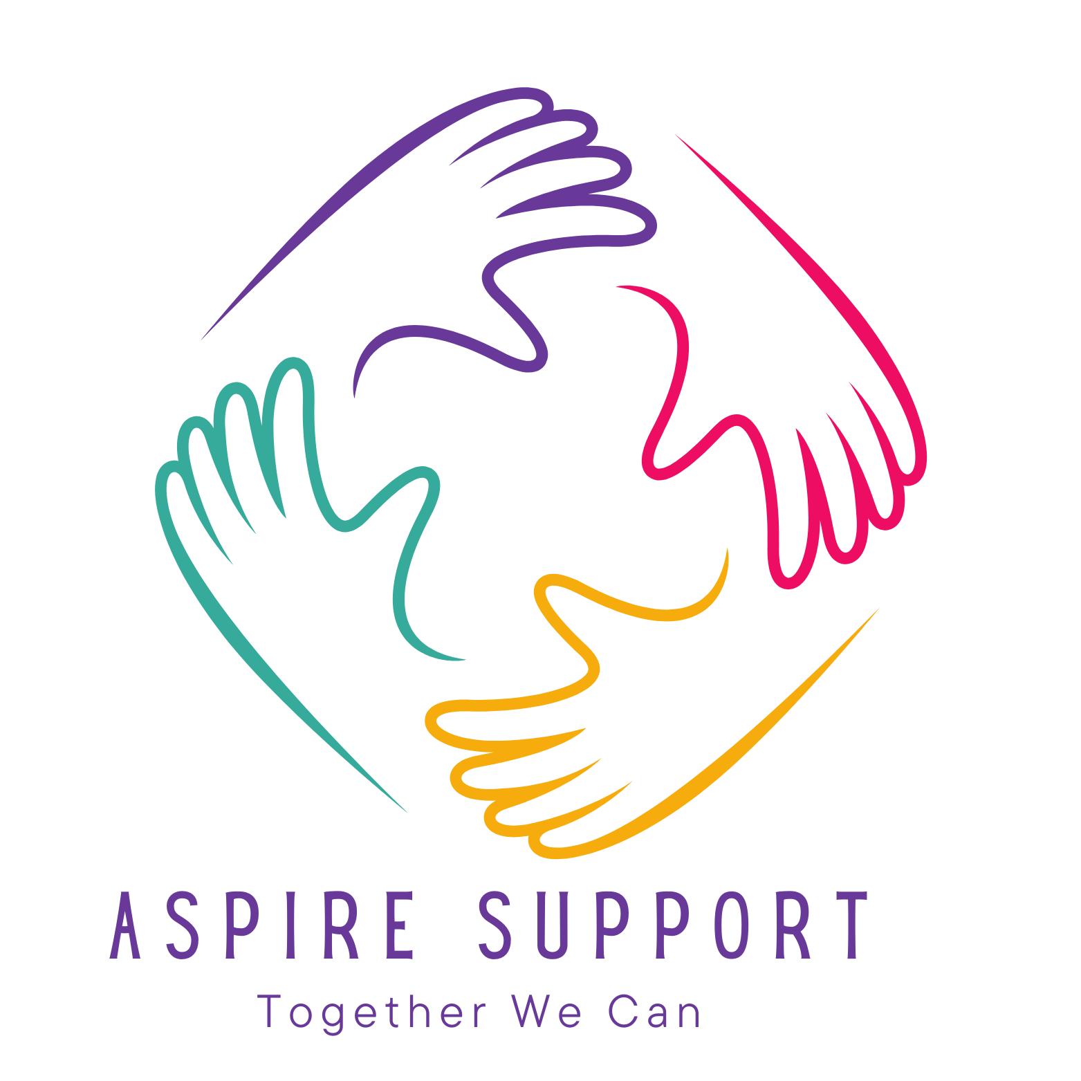 Aspire Support logo showing four colourful hands forming a circle, with the name Aspire Support and the tagline ‘Together We Can’ beneath.