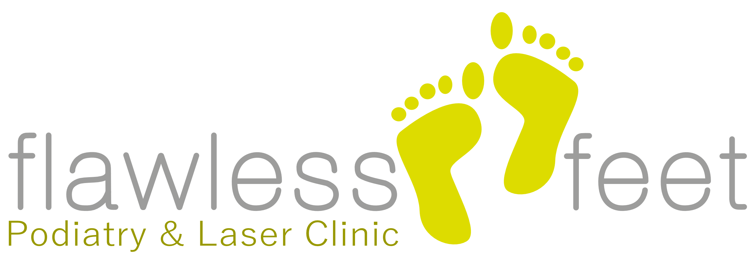 Company logo. A stylized graphic representing Flawless Feet Podiatry and Laser Clinic's name in elegant lettering, accompanied by two foot prints.