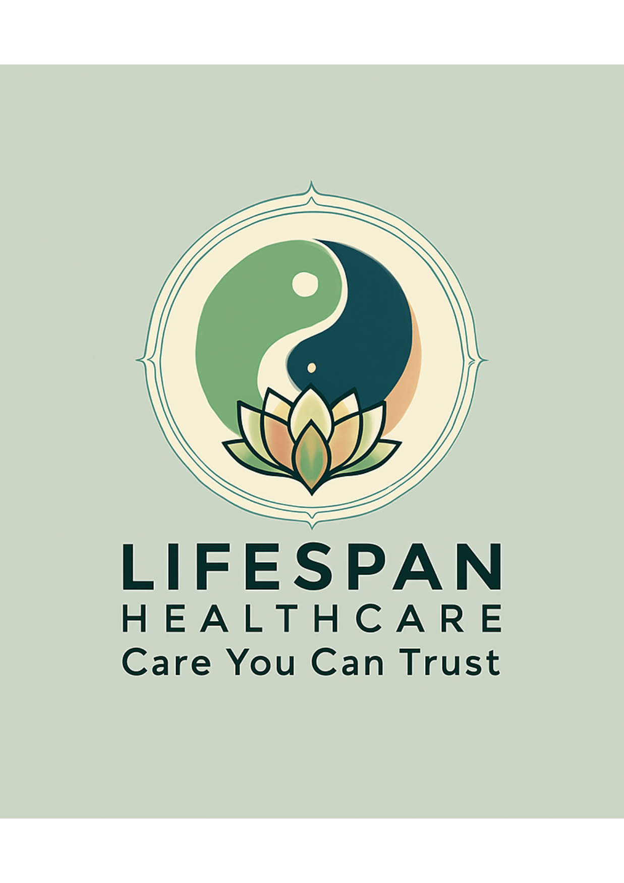 A stylised graphic representing our company's name in bold lettering, accompanied by the Ying and Yang and Lotus flower symbols 