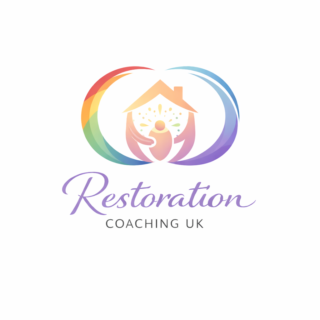 Restoration Coaching UK logo: a colorful, bold circular design representing a home, with a stylized person incorporated inside, symbolizing support and home organisation