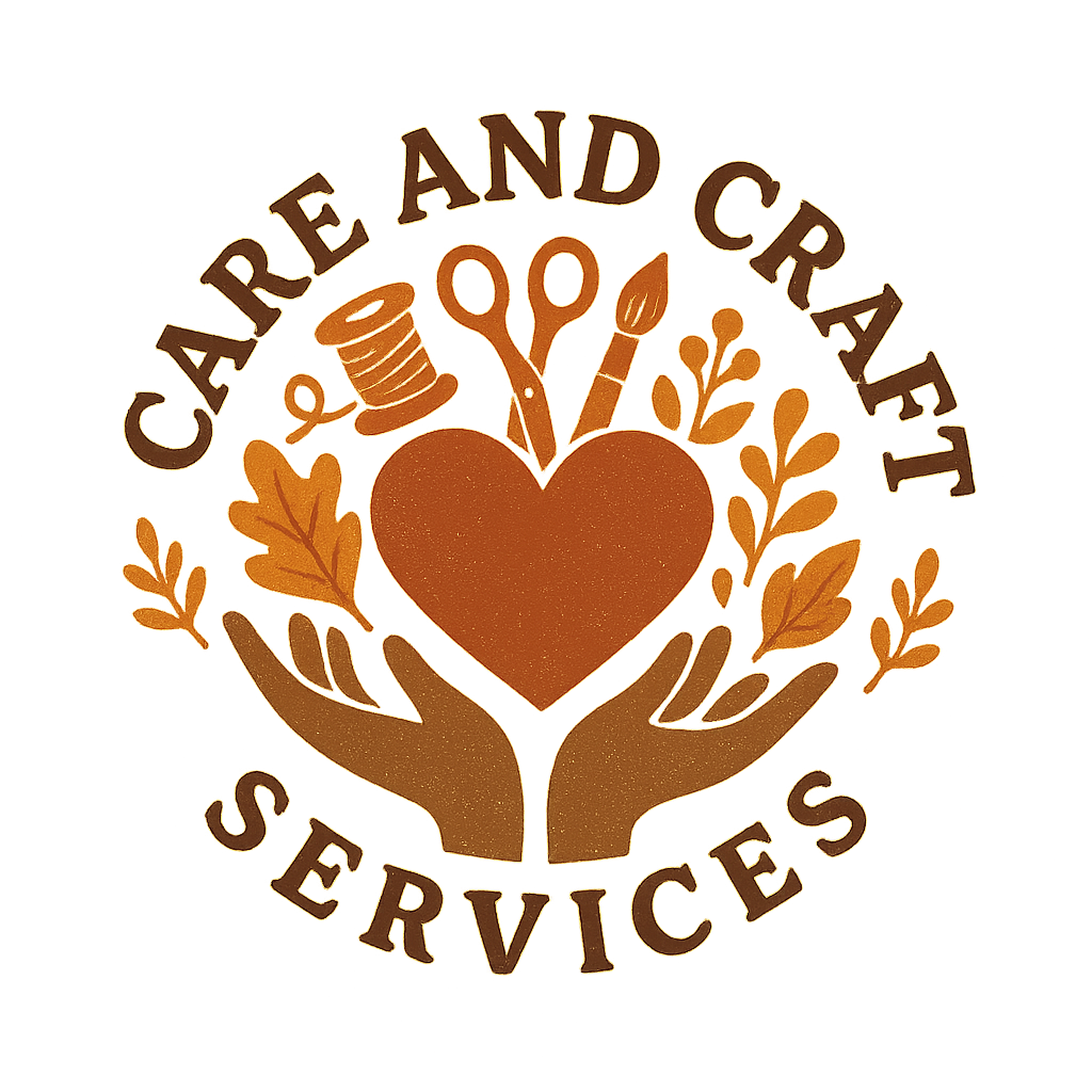 Company logo: A graphic representing our company name in curved bold lettering with a pair of open hands and heart at the centre with leaves, scissors, paintbrush and thread accompanying  it