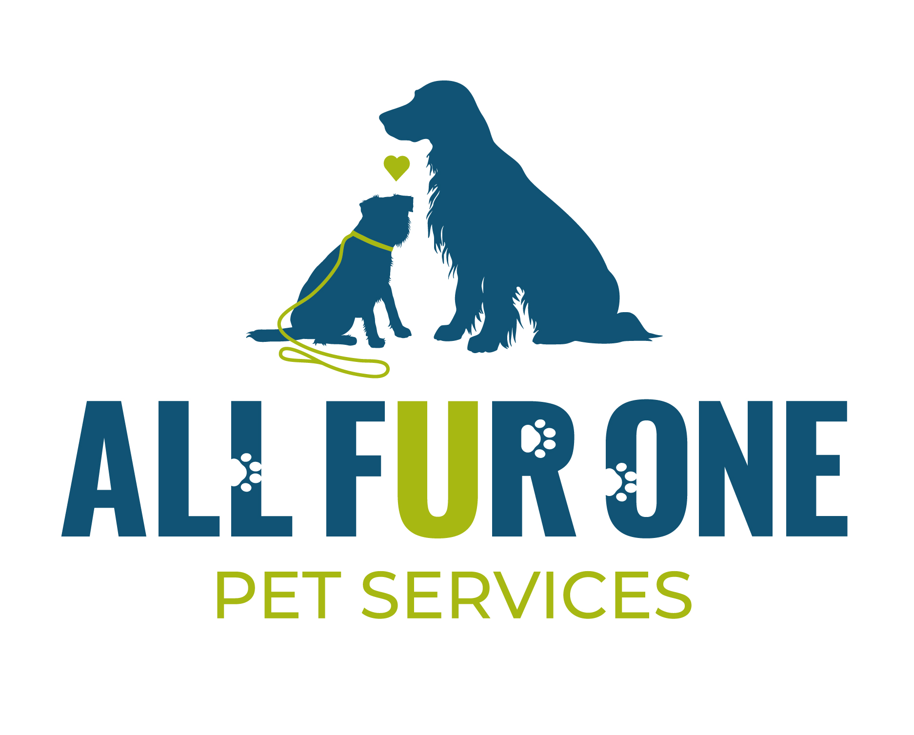A teal blue silhouette of 2 dogs sitting facing each other, one large, one small.  Underneath are the words All Fur One in teal colour with green U and pet services under that in green