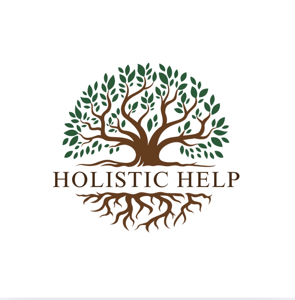 Company logo: A stylized graphic of a tree of life with brown roots and trunk and green leaves with the company name Holistic Help in bold capitals standing out in the foreground in the bottom third of the image.