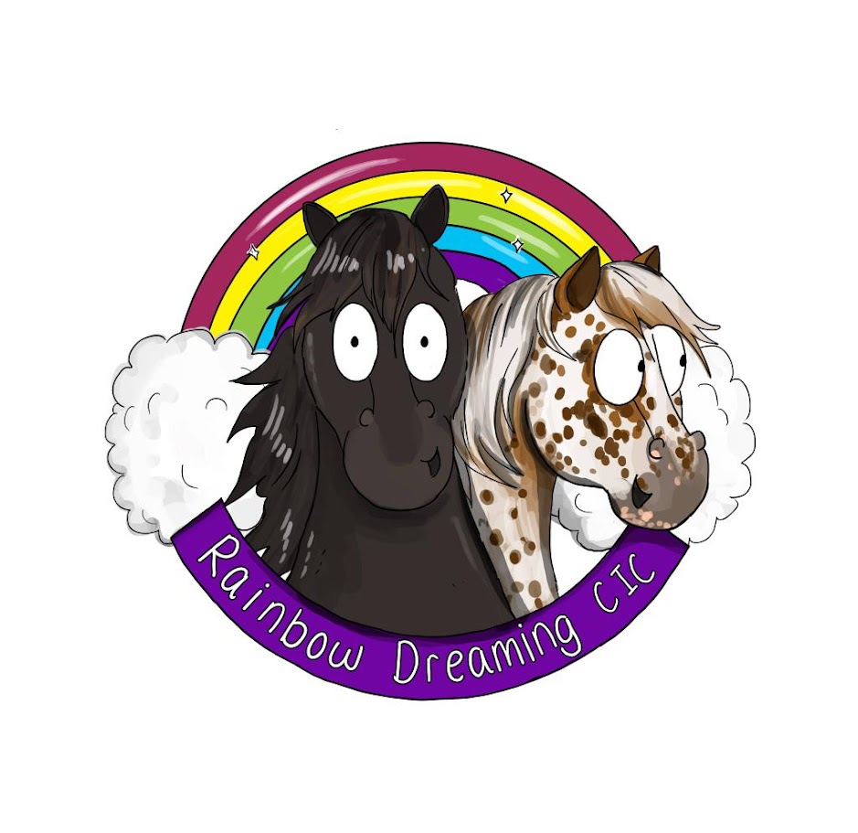 Company logo: A cartoon graphic of the heads of a black pony and a spotted pony under a rainbow, with the words Rainbow Dreaming CIC below them on a purple banner