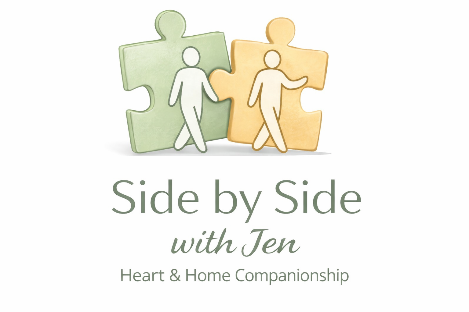 Company logo: Side by Side with Jen featuring two figures walking together, representing companionship and support.