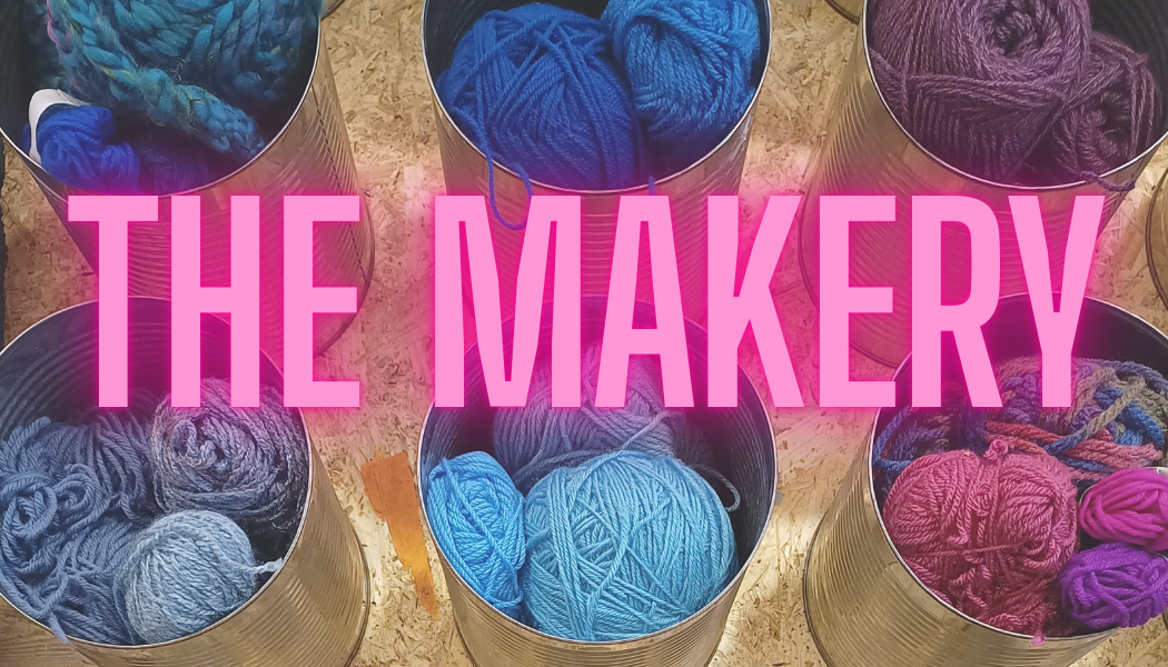 The Makery Logo - The name with images of yarn in the background