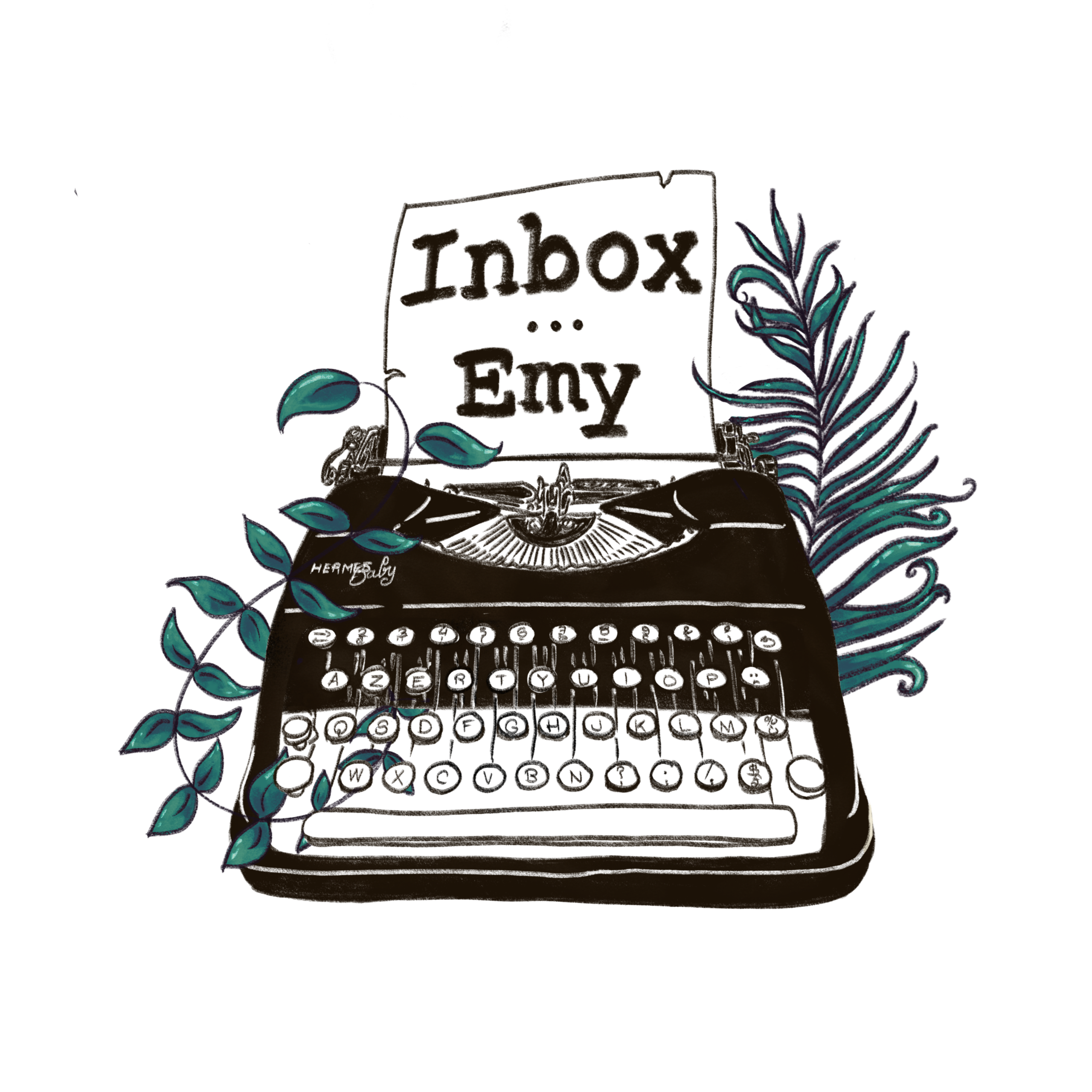 Company logo: a drawing of a typewriter with a paper coming out of it with the name of Inbox Emy. Vine and fern growing around the typewriter.