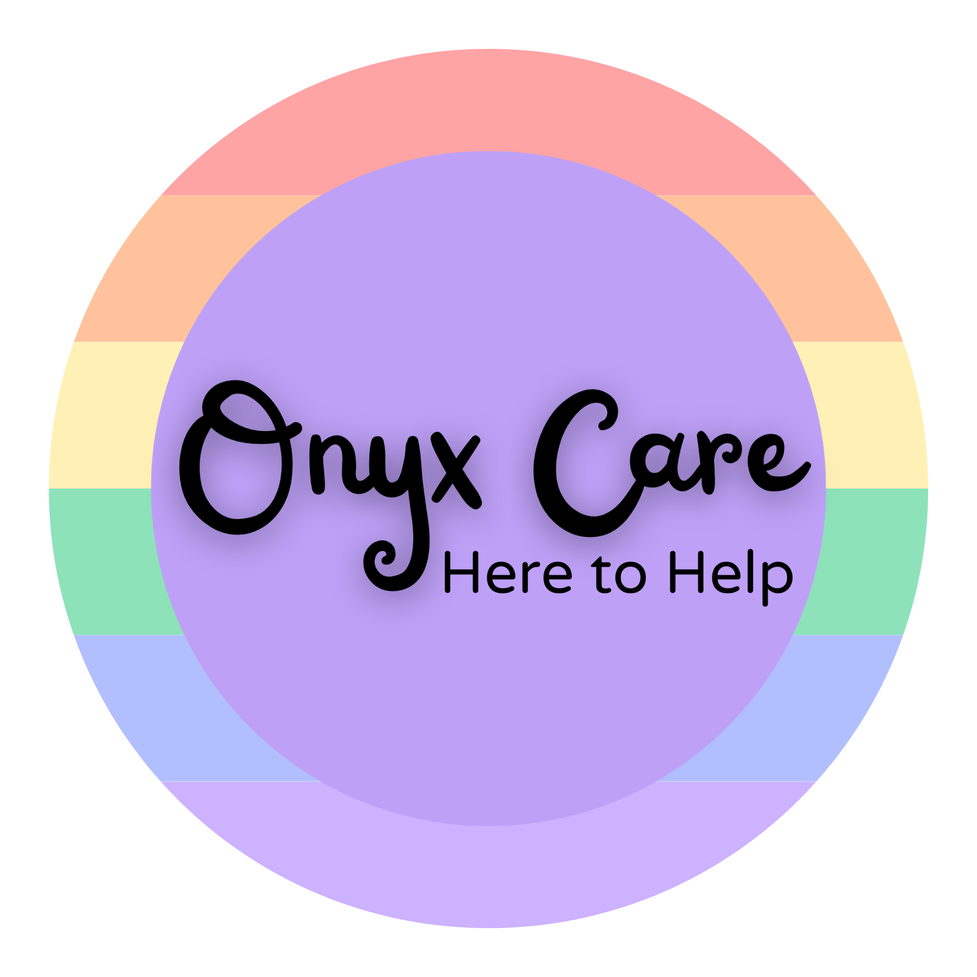 Onyx Care logo: a lavender circle on a rainbow background, with swirly text saying "Onyx Care", and plain text underneath saying "Here to Help"