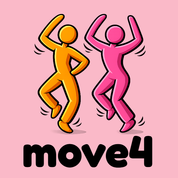 Company logo: a stylized graphic representing two figures dancing enthusiastically accompanied by the company's name in bold lettering.