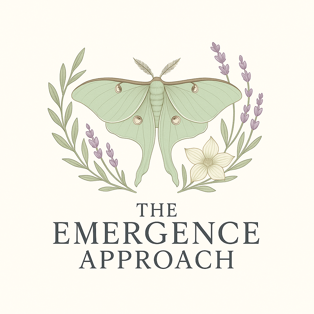 Company logo: The company name underneath the logo which is a Luna moth surrounded by lavender and a pretty white flower
