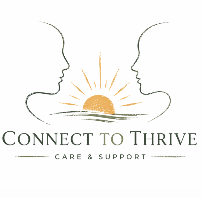 Company logo: two faces looking at each other with a sunrise in the middle. Connect To Thrive care and support written underneath 