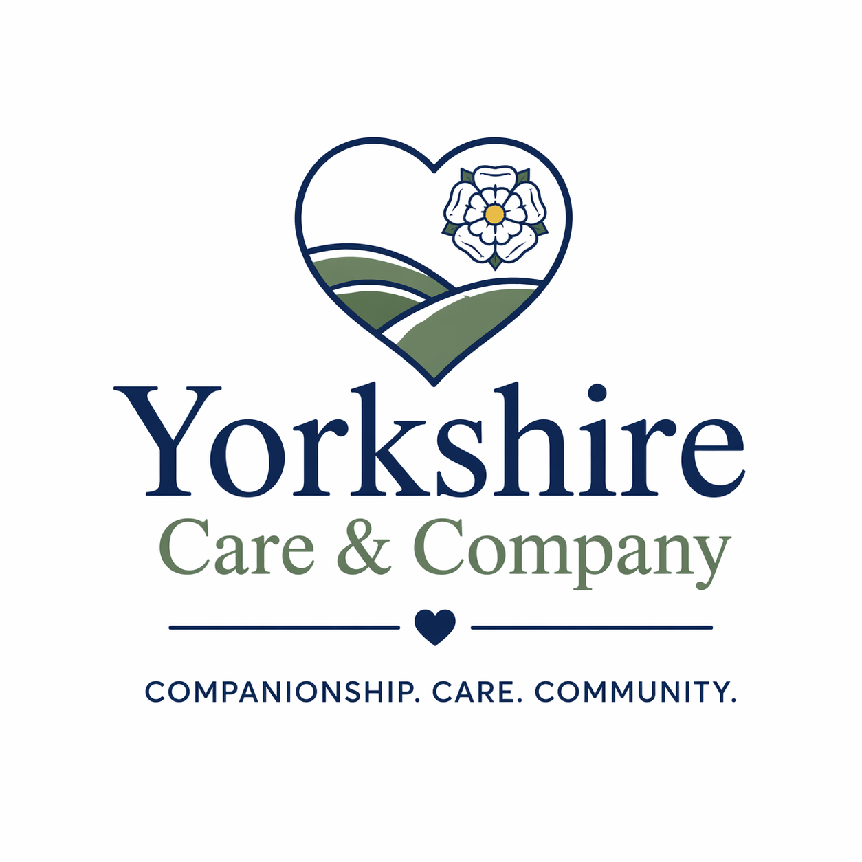 A heart-shaped logo featuring rolling green hills and a white rose, above the text “Yorkshire Care & Company,” with the “Companionship. Care. Community.