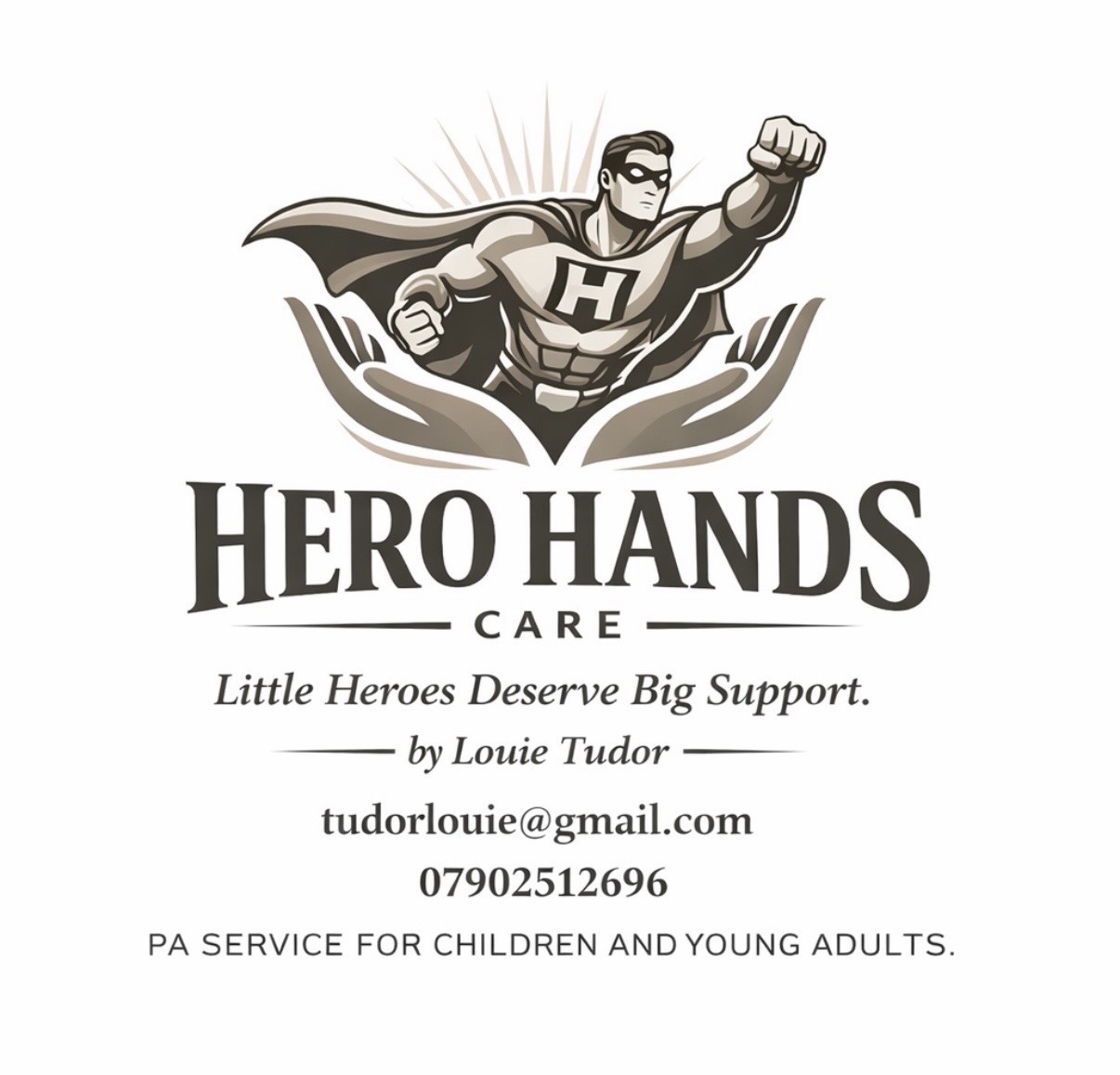Company logo for Hero Hands Care featuring a superhero-style figure above the company name, representing strength, support and care services for children and adults with disabilities