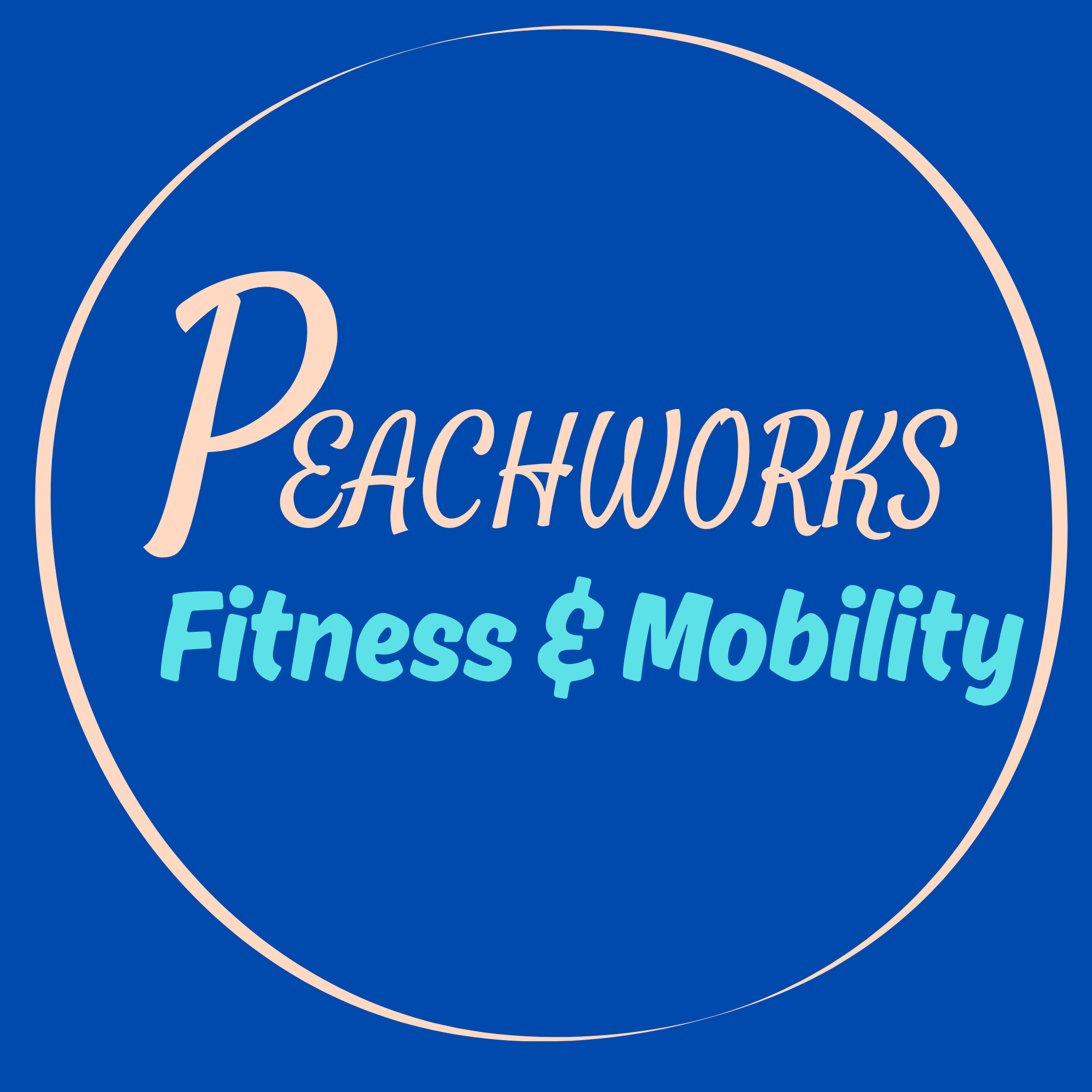 PeachWorks Fitness and Mobility Logo: A graphic representing the company's name in peach and turquoise coloured lettering, surrounded by a peach coloured circle, on a dark blue back ground. 