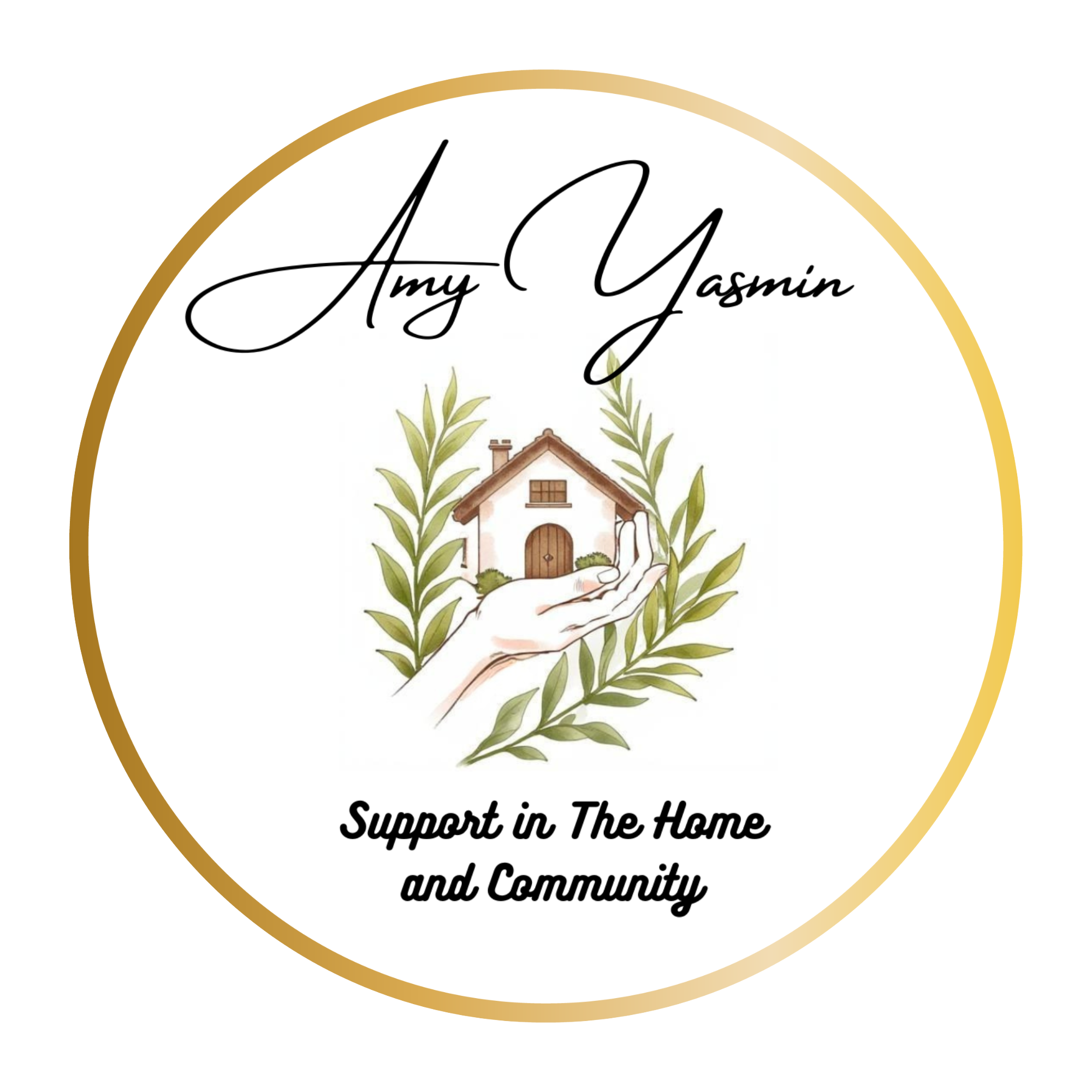 Company Logo ~ Stylised name in black in italic writing with a home held in open palms
