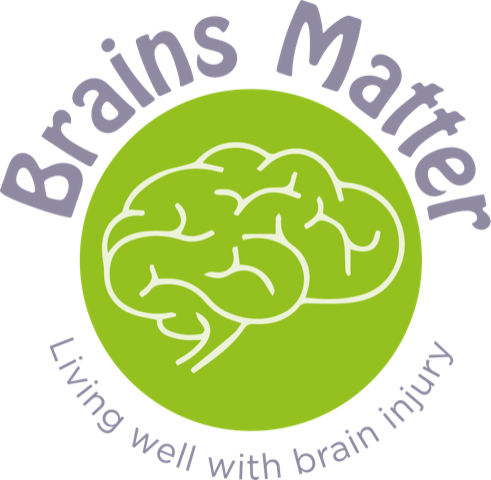 image of brain in green, with title Brains Matter and wording below living well with brain injury