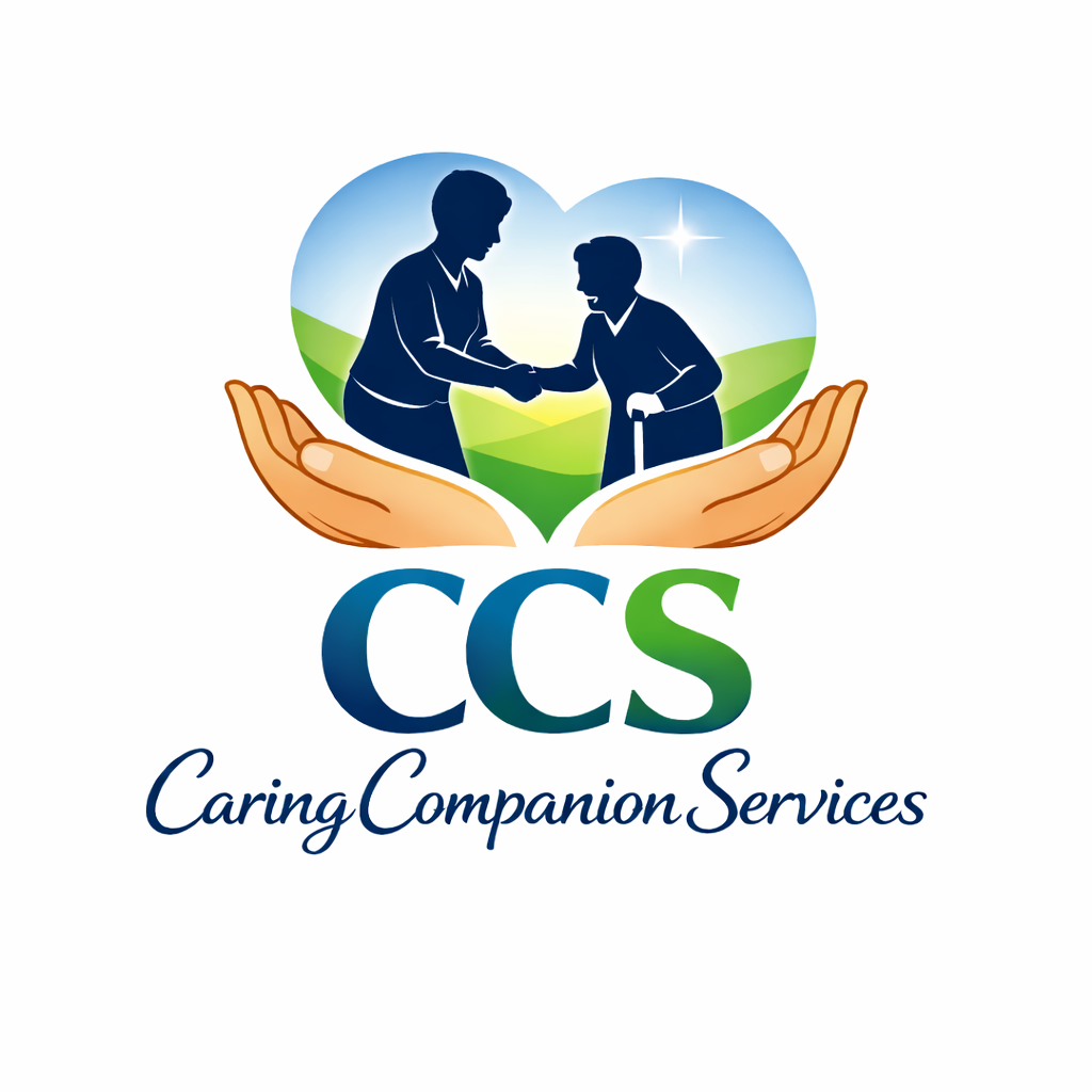 A carer and client holding hands in a heart-shaped border, cupped in two larger hands