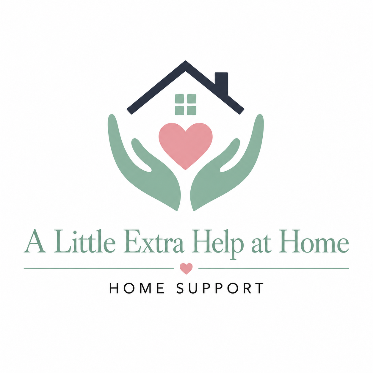 A stylized graphic representing my company name in bold lettering, accompanied by a house and heart being cradled by two hands.