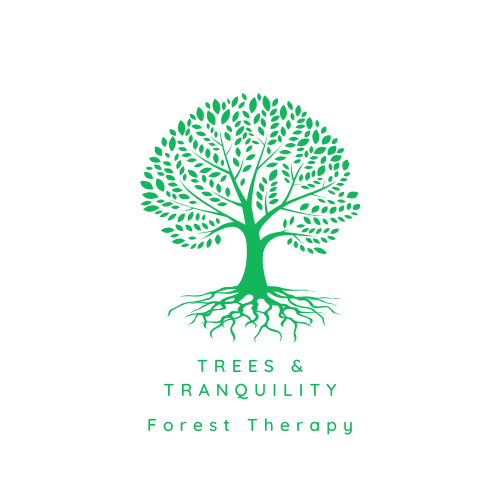 Trees & Tranquility logo: featuring a green stylized tree graphic including the branches, leaves, trunk and root system, and the words "Trees & Tranquility Forest Therapy"