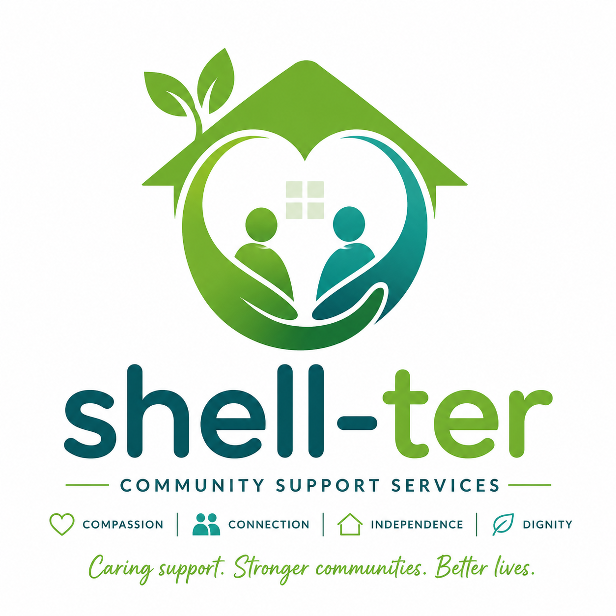 Company logo: A stylised graphic representing our company's name in bold lettering accompanied by a small icon of a arms, around two people under a shell-ter. Representing warmth and companionship. 