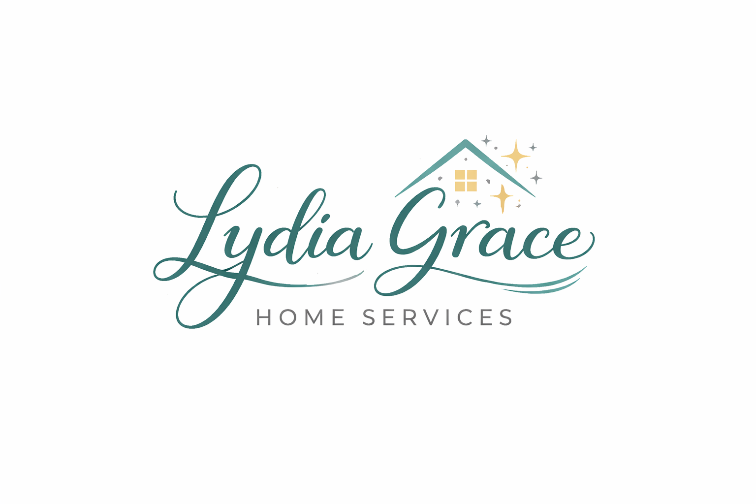 Lydia Grace Home Services logo featuring the business name in teal script with a stylized house roof, window, and gold sparkle accents above the word "Grace."