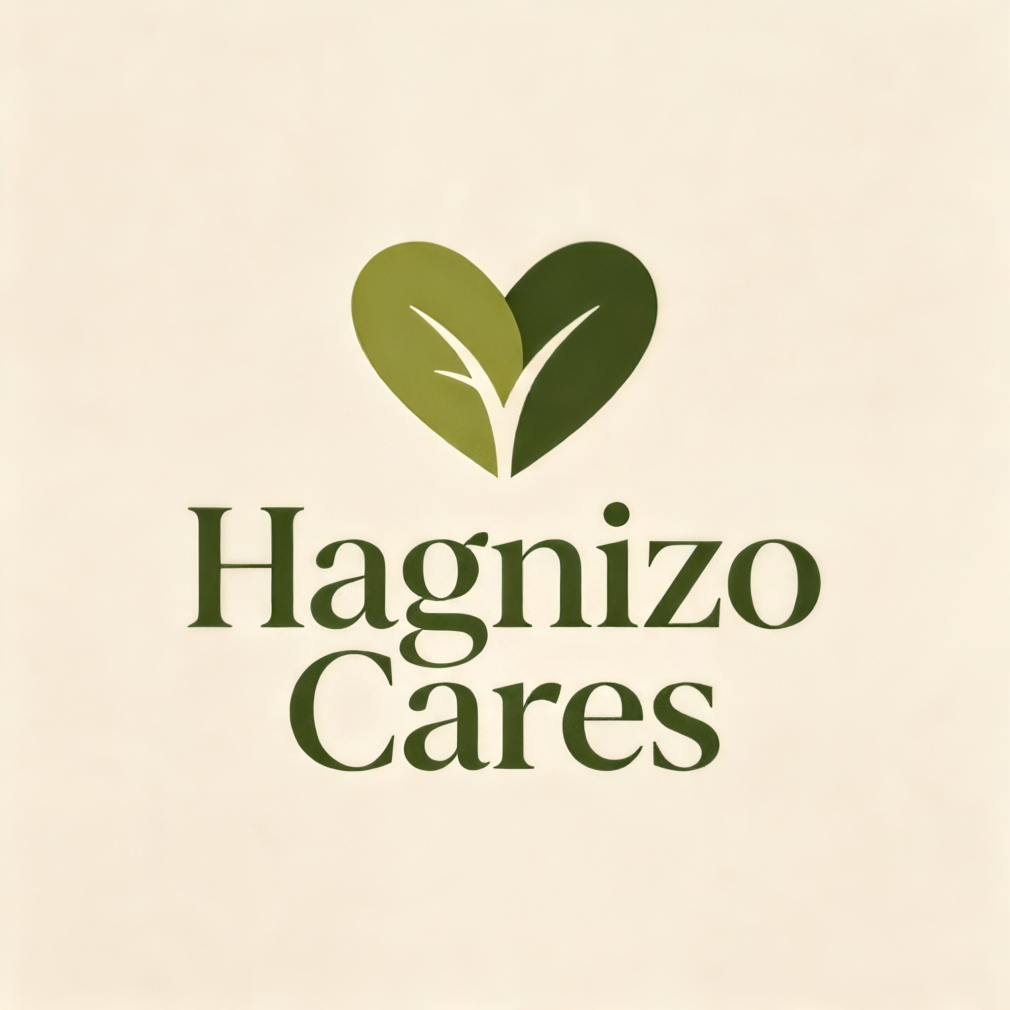 Hagnizo Cares logo with a green heart-shaped leaf icon above the company name in dark green text.