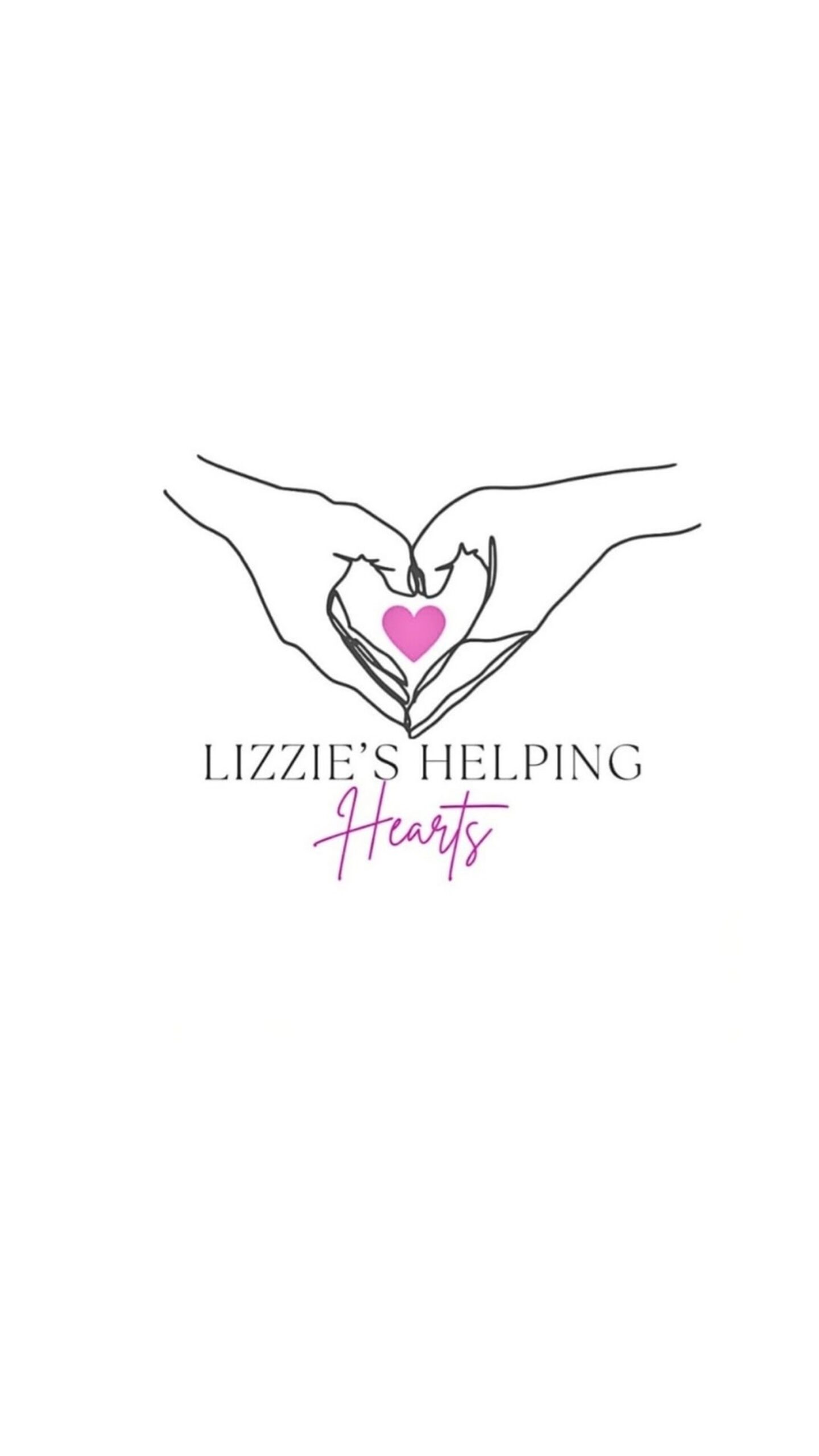 Lizzie’s Helping Hearts CIC logo showing two hands forming a heart around a pink heart, representing care, compassion and support.