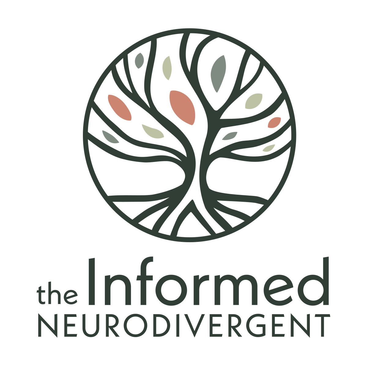 The Informed Neurodivergent logo: a tree with branching limbs and colourful leaves in sage green and terracotta, enclosed in a circle, above the company name in dark green lettering