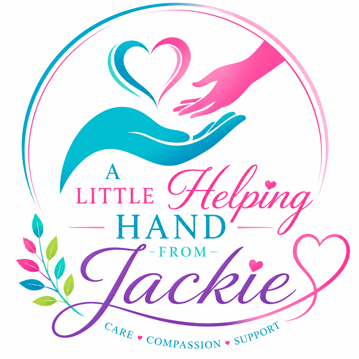 Company Logo, colours are pink and blue blending together image  symbolises care ,compassion and a helping hand. One hand goes into another