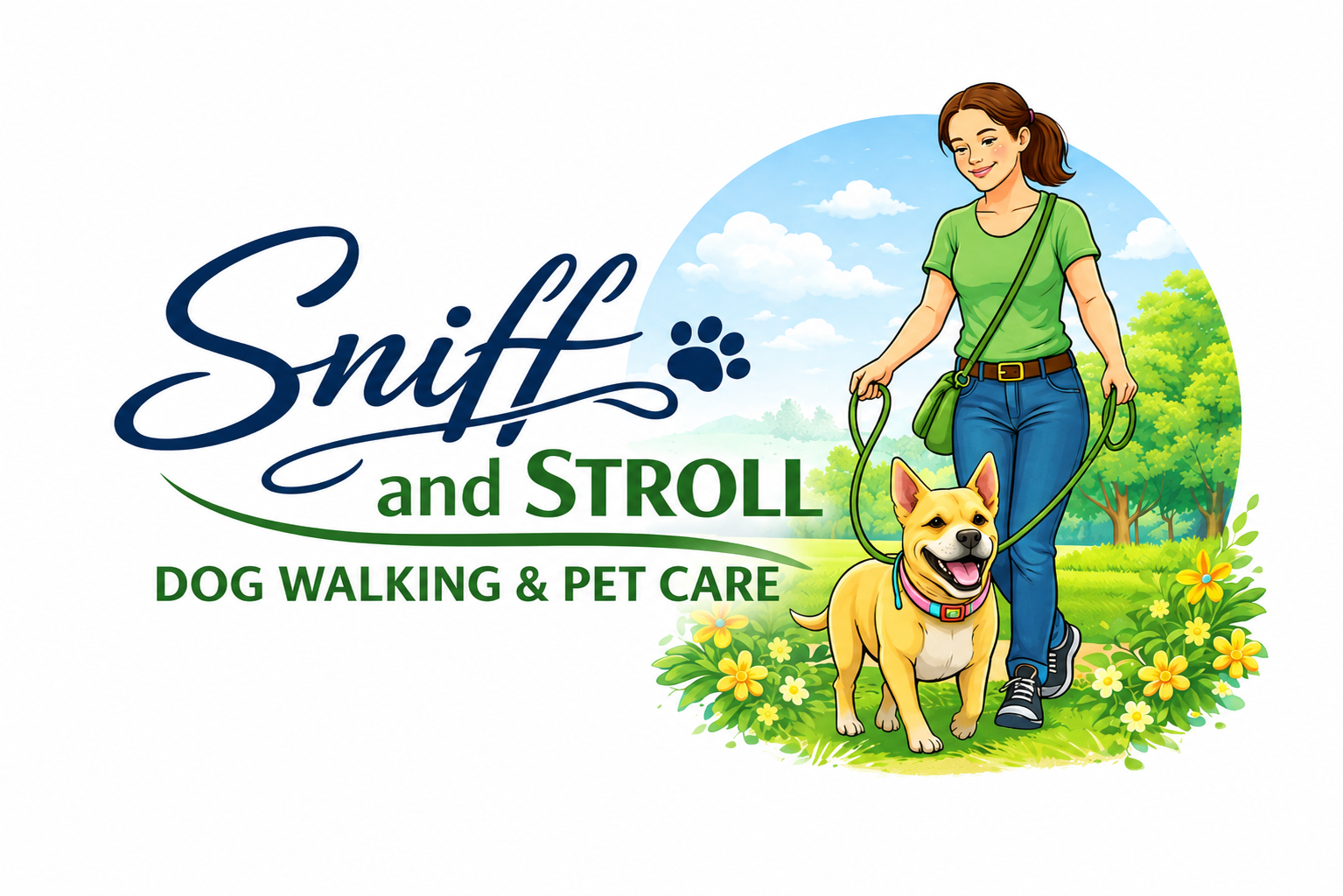 Sniff and Stroll Dog Walking Service logo featuring the business name alongside an illustration of a dog walker with a happy dog in a park.