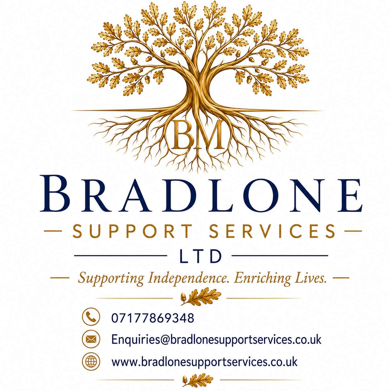 Bradlone Support Services logo featuring a golden oak tree with the initials BM, representing growth, strength, care and trusted support.