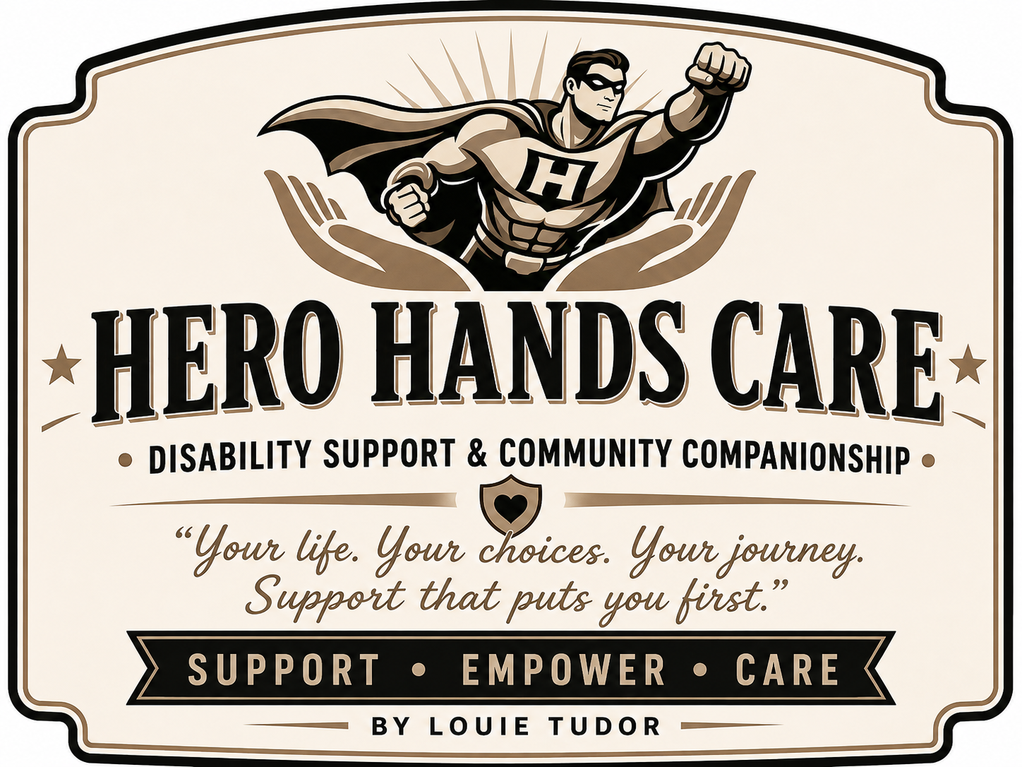 Company logo for Hero Hands Care featuring a superhero-style figure above the company name, representing strength, support and care services for children and adults with disabilities