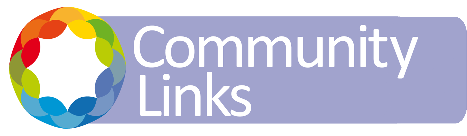 Community Links logo. A multi coloured linked circle next to the wording Community links written in white on a pastel purple background.